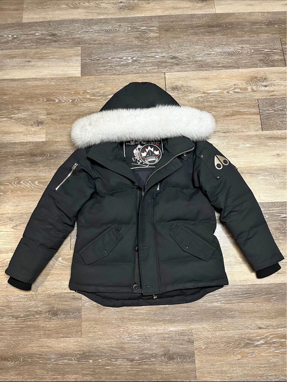 Moose Knuckles Black Puffer Jacket with White Fur-Trim Hood